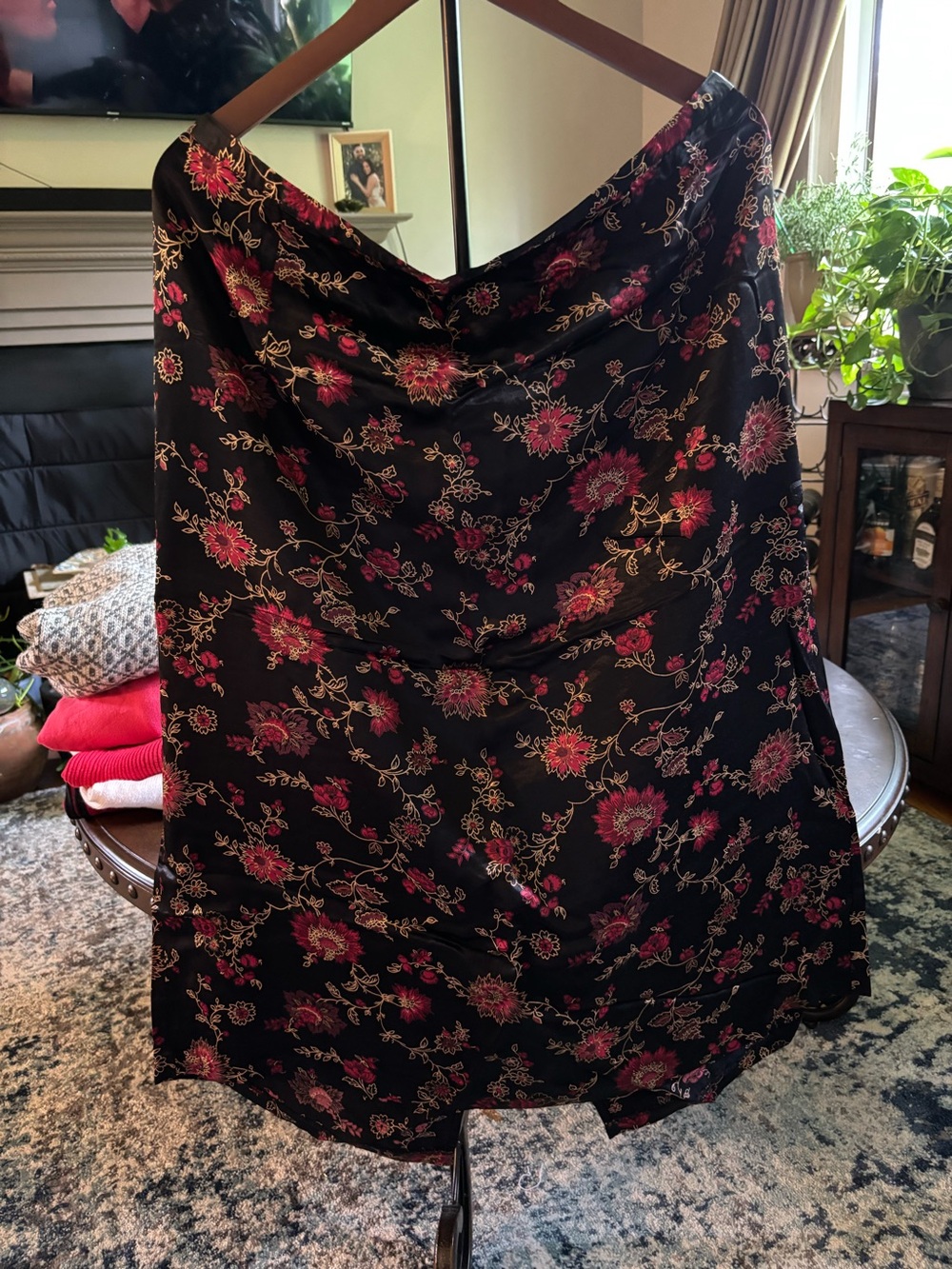 Black Floral Satin Slip Skirt with Pink & Gold